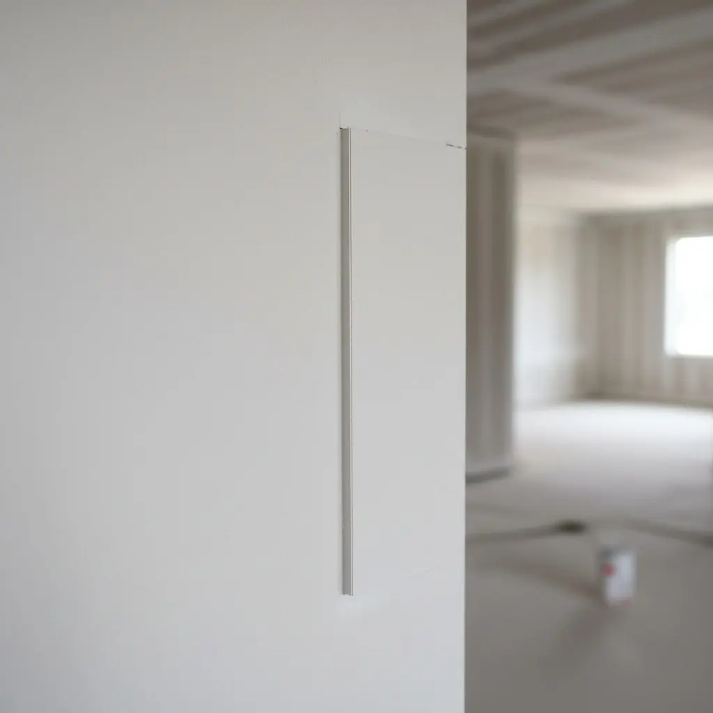 A close, square view of a finished drywall corner in a large commercial buildout, the metal-reinforced bead skimmed over