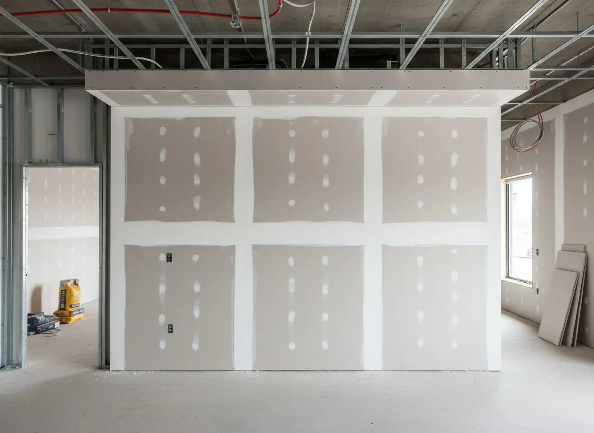 The same commercial space with a rated partition running floor to soffit, the board doubled and the joints staggered