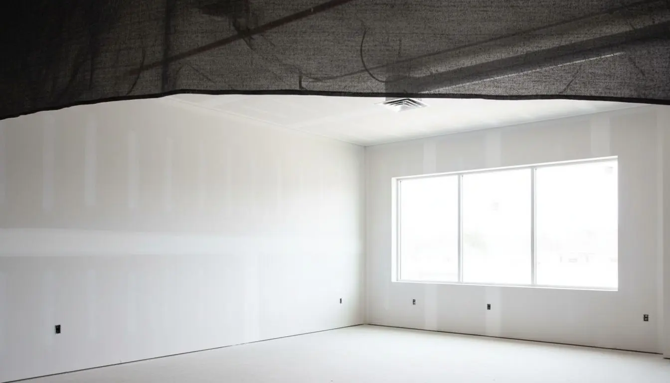 A bright, open interior in a large commercial buildout where the drywall has been hung, taped and finished flat, ready for paint