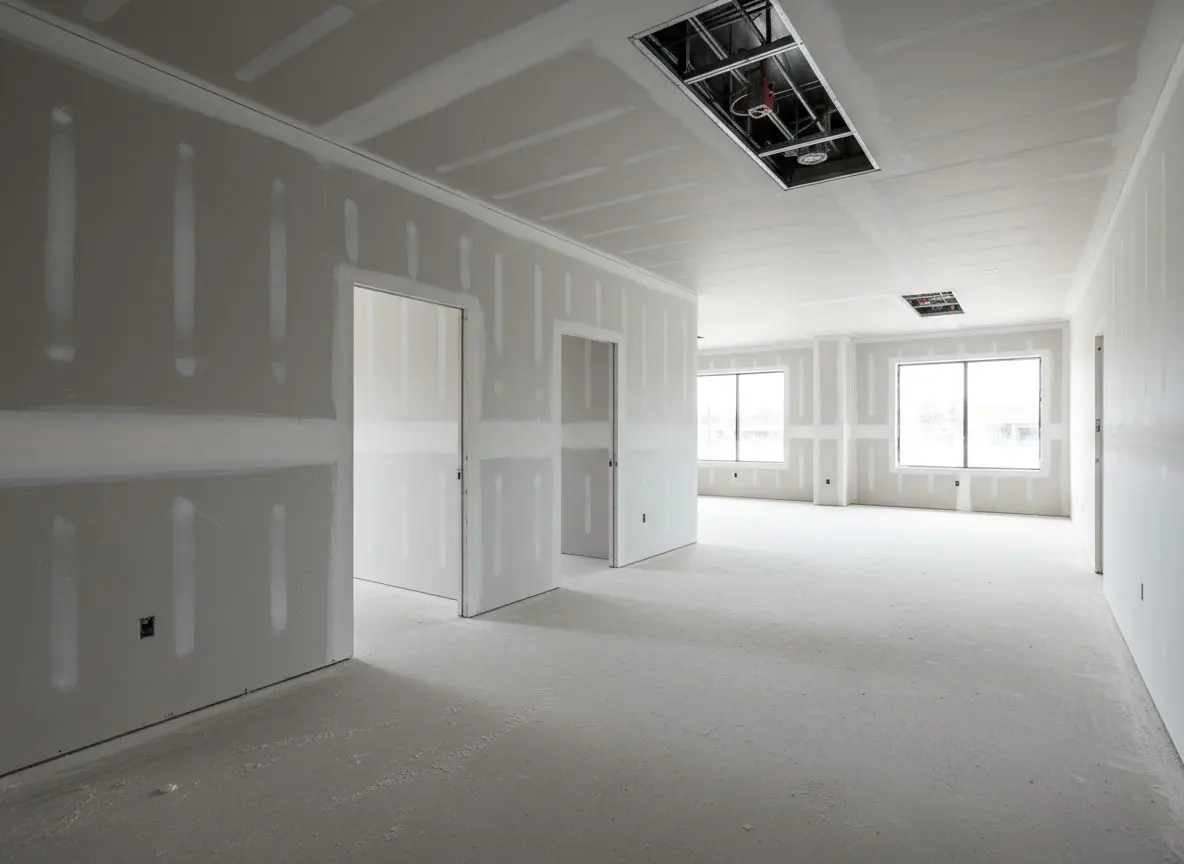 A large commercial interior &mdash; an office or retail unit &mdash; where the drywall partitions have been hung and taped to a flat finish, the space open and empty