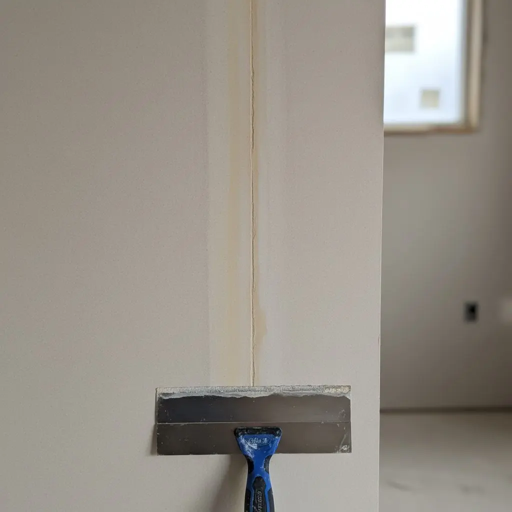A drywall seam taped and skimmed flat, the band of compound feathered into the board either side under low raking light, with a taping knife resting against the wall.