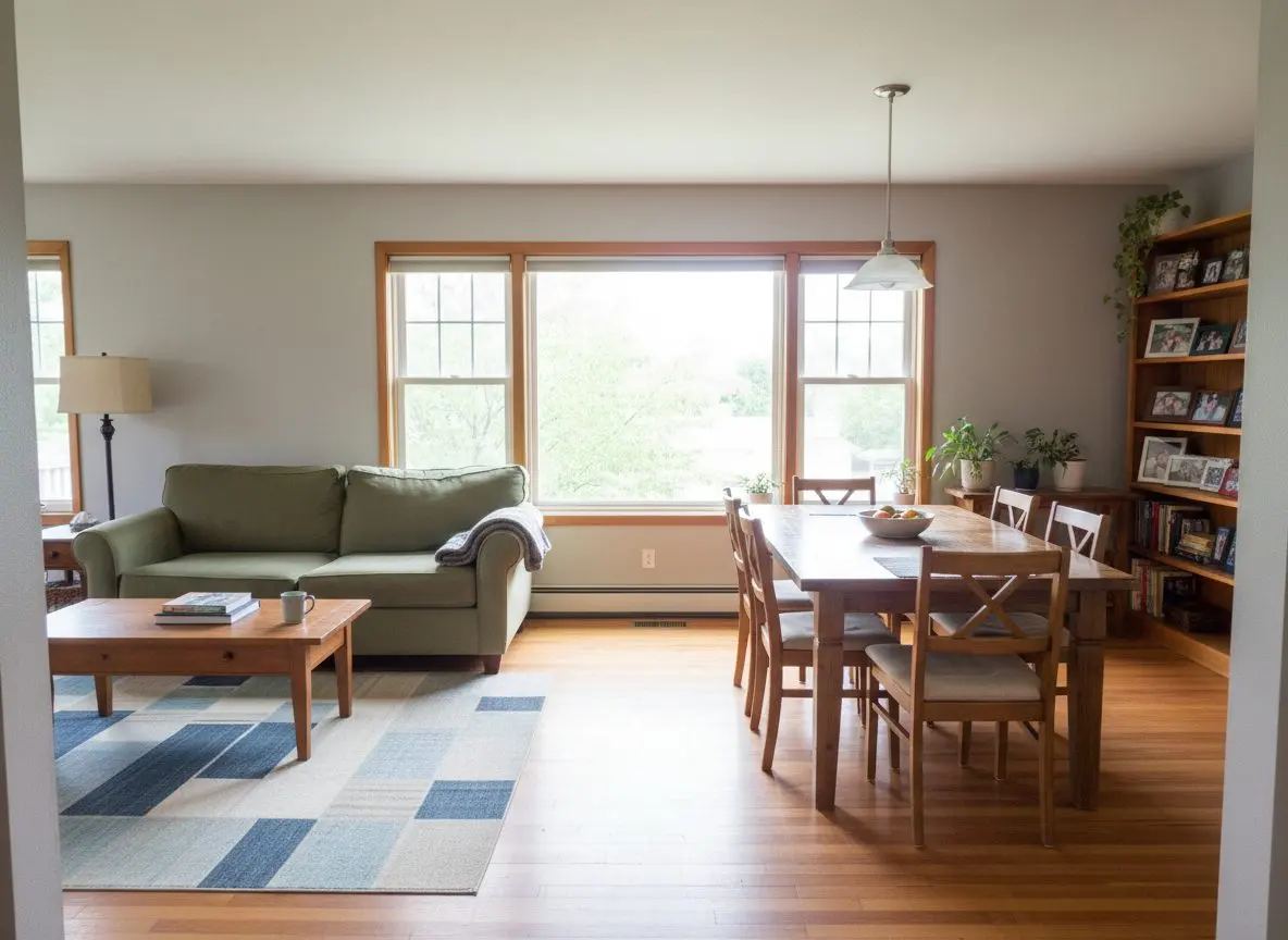 A bright, finished open-plan living and dining room with flat smooth walls and ceiling, large windows and a warm wood floor.