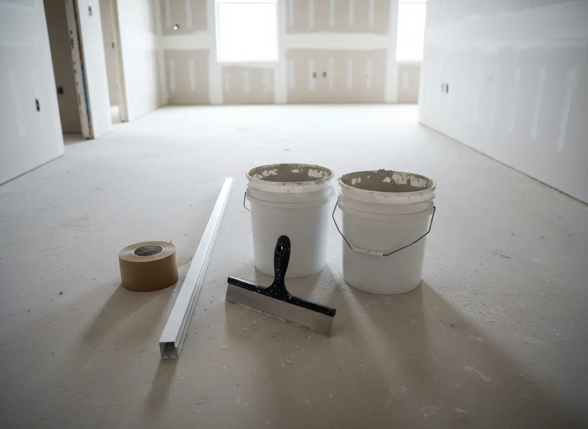 A roll of paper joint tape, a length of metal-reinforced corner bead, a broad taping knife and two buckets of joint compound laid out together on a clean subfloor.