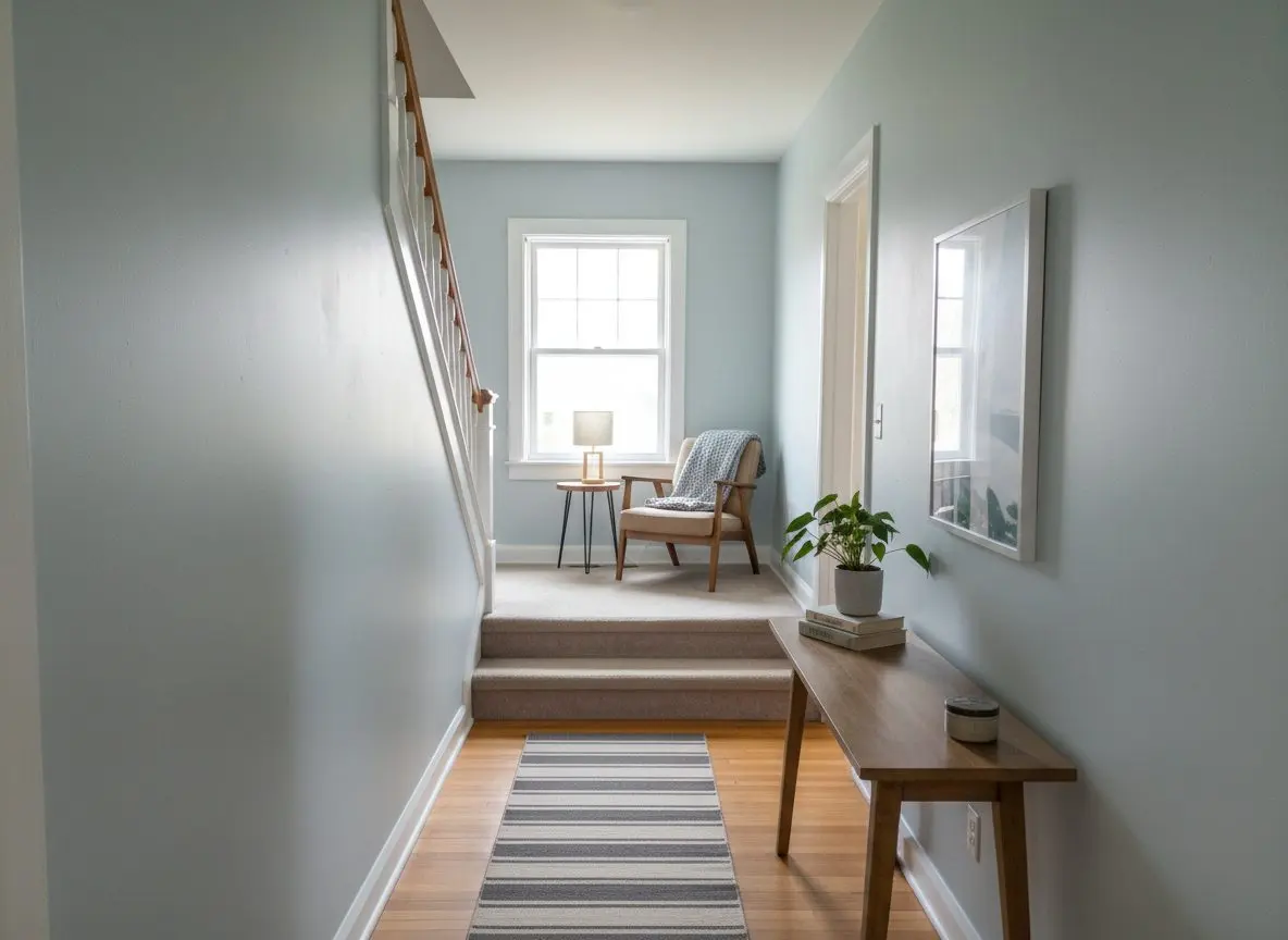 A finished, painted hallway and stairwell in a lived-in house, furnished, the walls flat under daylight from a landing window.