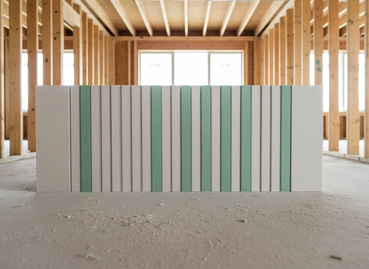 Drywall sheets stacked on edge, the cut edges showing different board thicknesses side by side with green-faced moisture-resistant sheets among the plain ones.