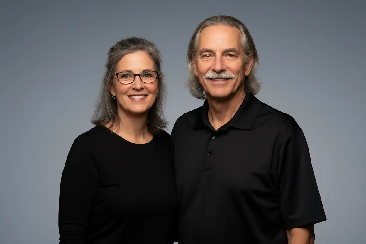 Ray and Teresa Delgado standing side by side in black work shirts against a plain gray backdrop, both smiling at the camera