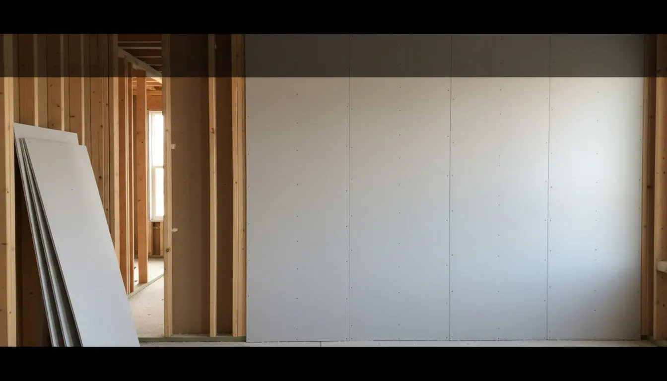 Late afternoon sun rakes across a newly finished drywall wall in an empty room, the low light showing the surface flat and seamless, with a taping knife and folded drop cloth in the corner.
