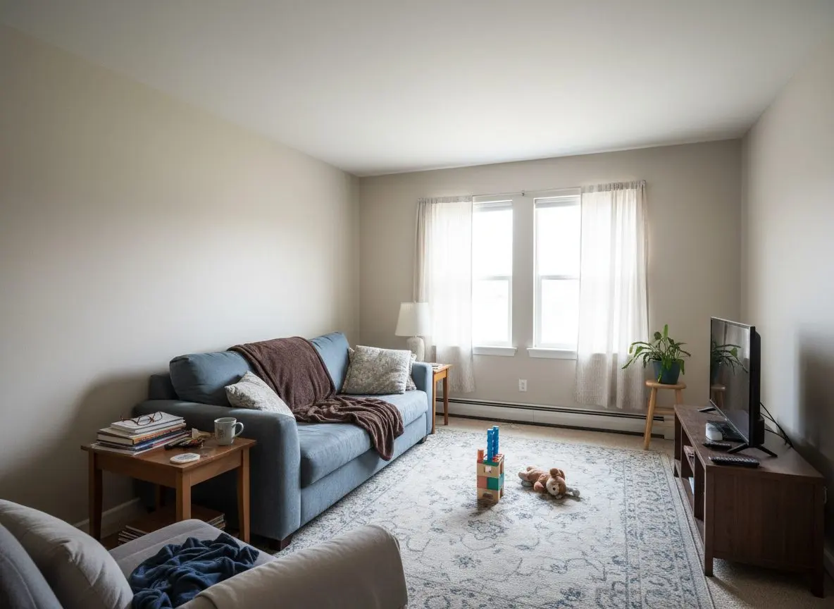 A finished room in an occupied family home where the walls have been skimmed flat and patched, furniture back in place and the room in ordinary use