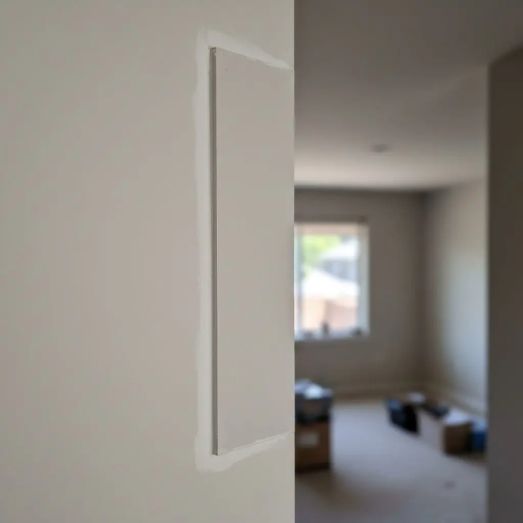 A close, square view of a finished drywall corner in a family home, the metal-reinforced bead skimmed over and sanded so the corner runs perfectly straight