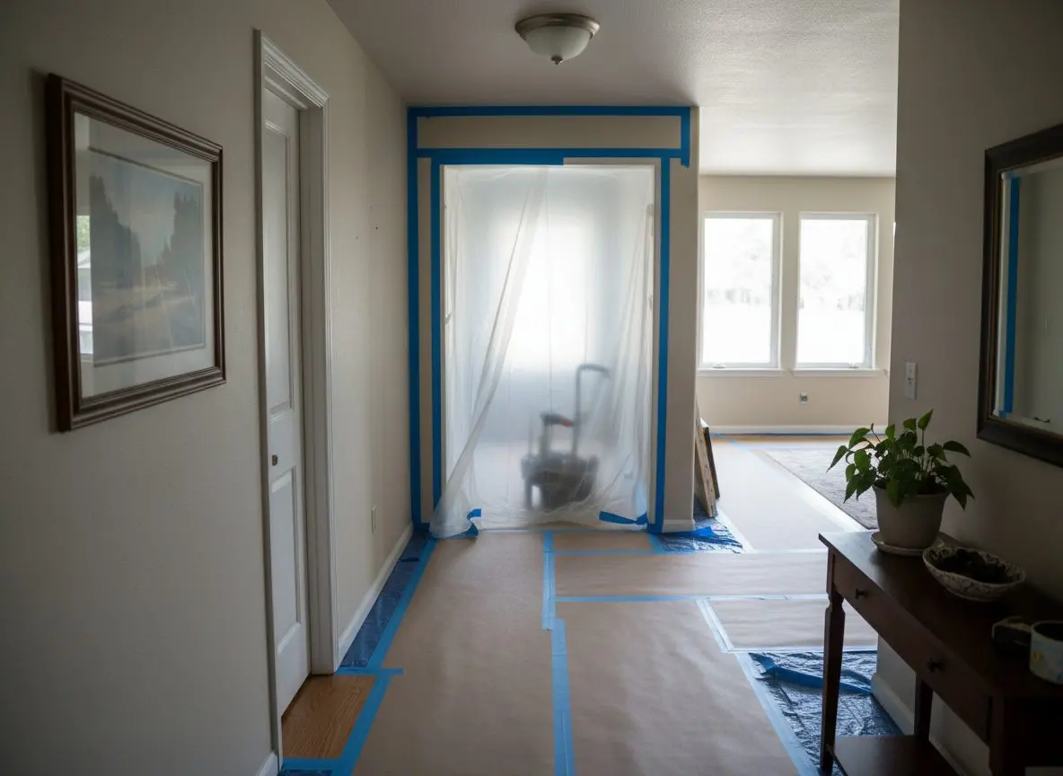 A hallway in the same home with the floor protected and the doorway sealed against dust, the work contained to one room while the rest of the house carries on