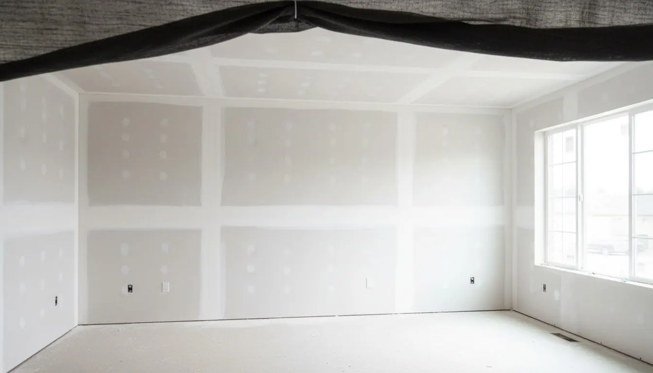 A bright, open interior in a family home where the drywall has been hung, taped and finished flat, ready for paint, with generous daylight across the wall plane