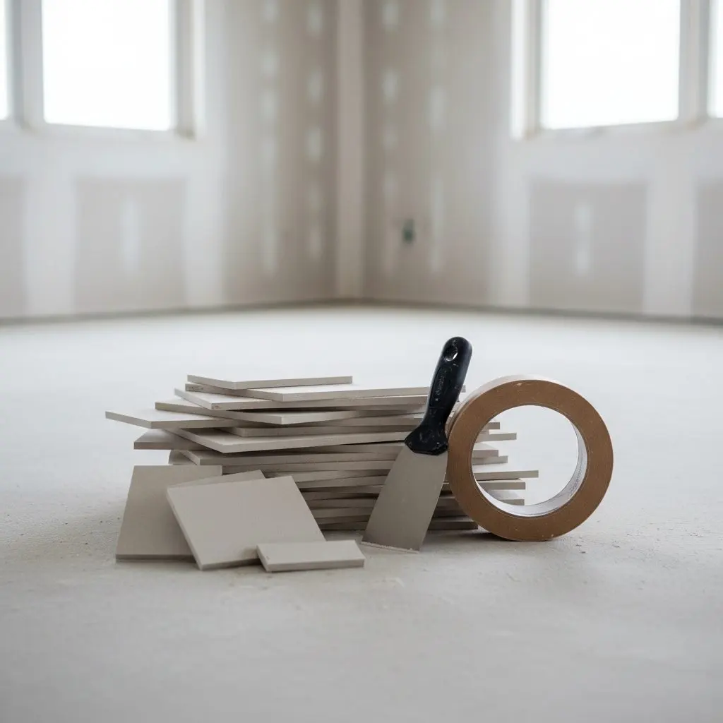 A close, square view of a stack of drywall scrap, a roll of paper tape and a broad knife gathered together on a clean floor