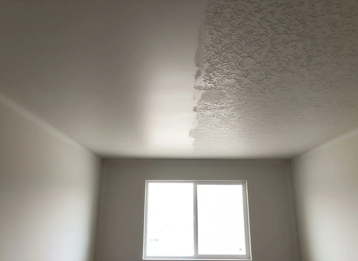 A ceiling half skimmed flat and half left in its old heavy stipple, lit from the side so the flat half reads as genuinely flat