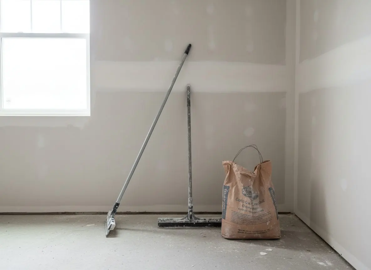A long-handled pole sander and a wide ceiling scraper leaning together against a wall, beside a bag of setting compound