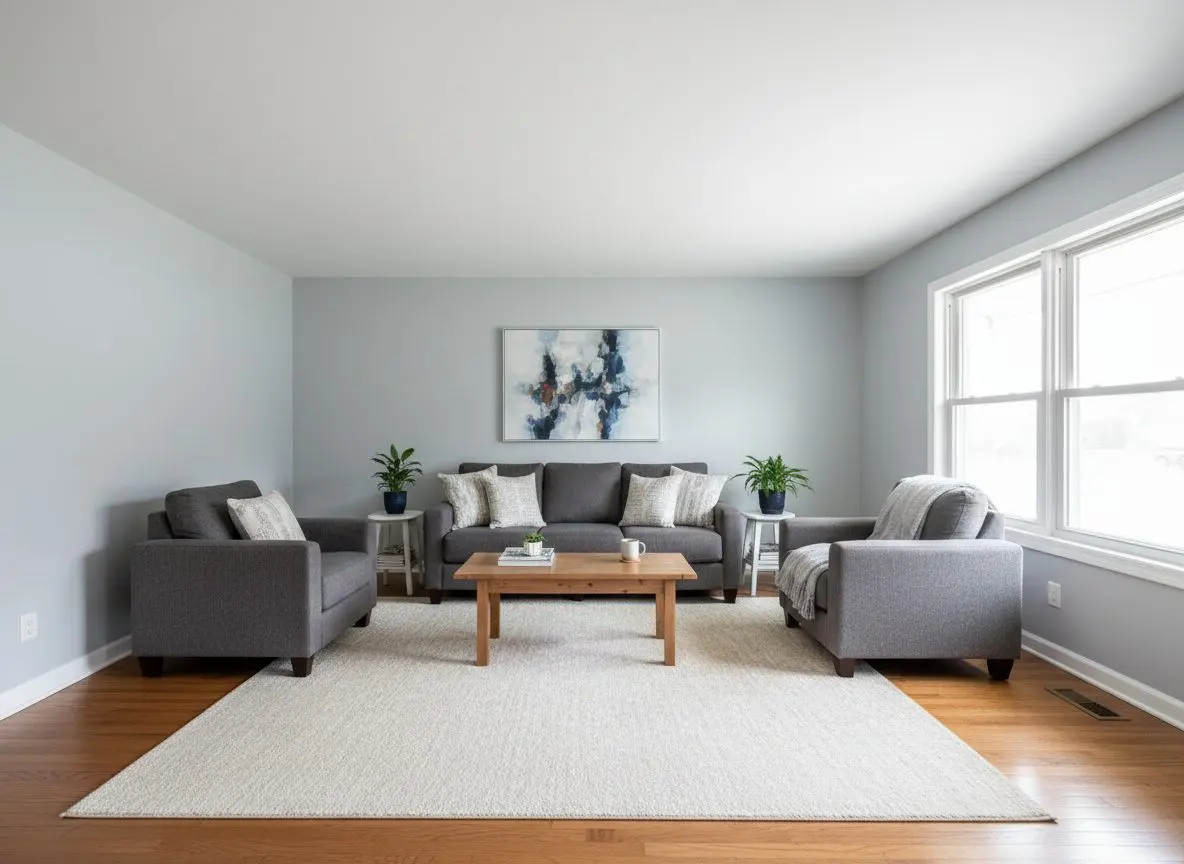 A bright, finished, furnished living room in a well-kept home with a flawless flat white ceiling overhead, painted walls and a wooden floor