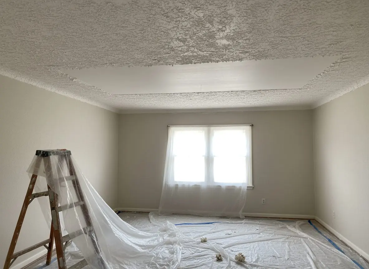 A ceiling part-way through having its old popcorn texture scraped off, a broad scraped strip running across it with the untouched stipple either side