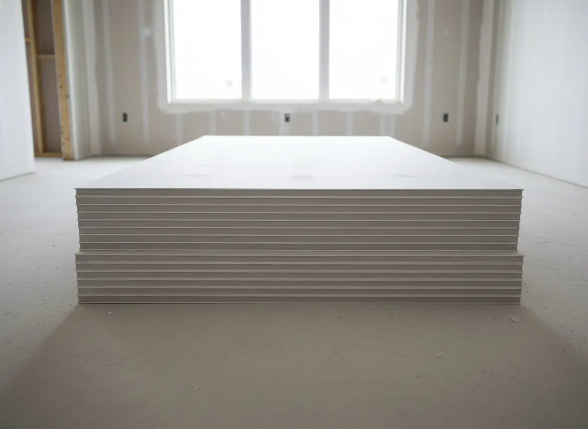 Sheets of five-eighths-inch ceiling board stacked flat on a clean floor, the cut edges showing their extra thickness