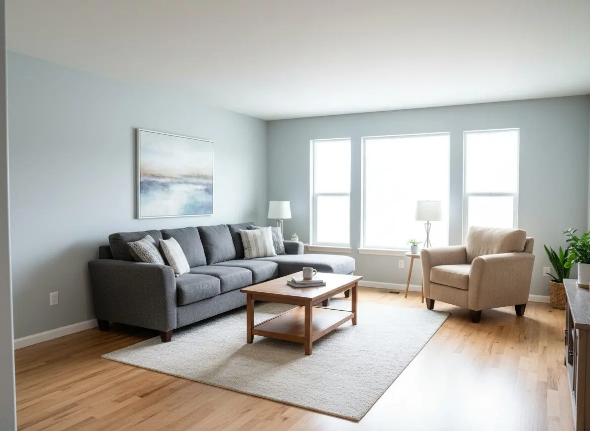 A bright, finished, furnished living room in a newly completed house, with flat smooth painted walls, a wooden floor and large windows