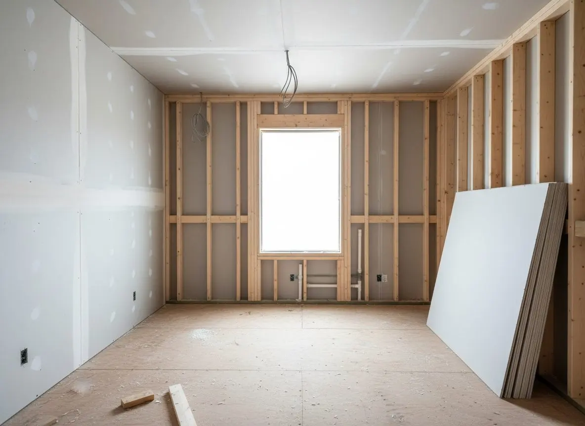 A crew's-eye view of a room part-way through being hung: sheets fixed across the studs on one wall, the next wall still open framing