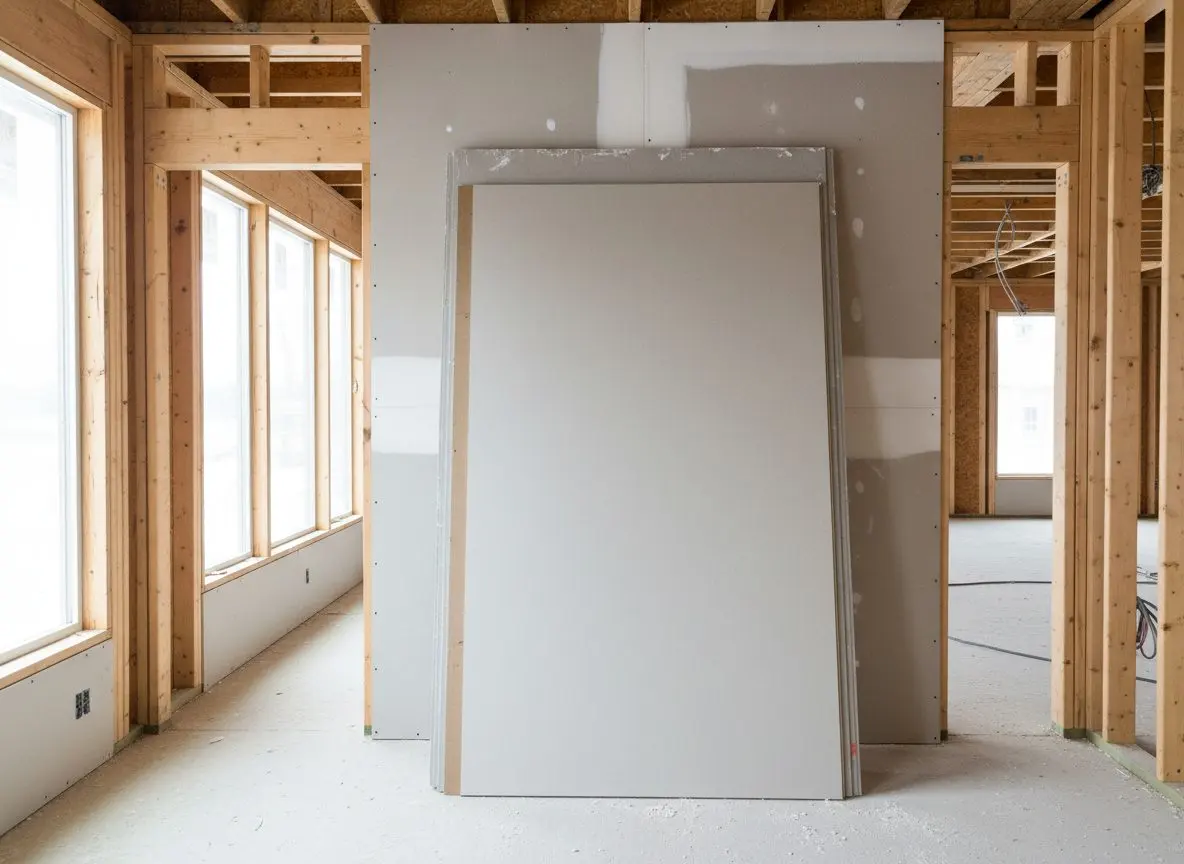 A stack of full drywall sheets leaning flat against a wall in a room being hung with drywall, the top sheet's cut edge showing its thickness