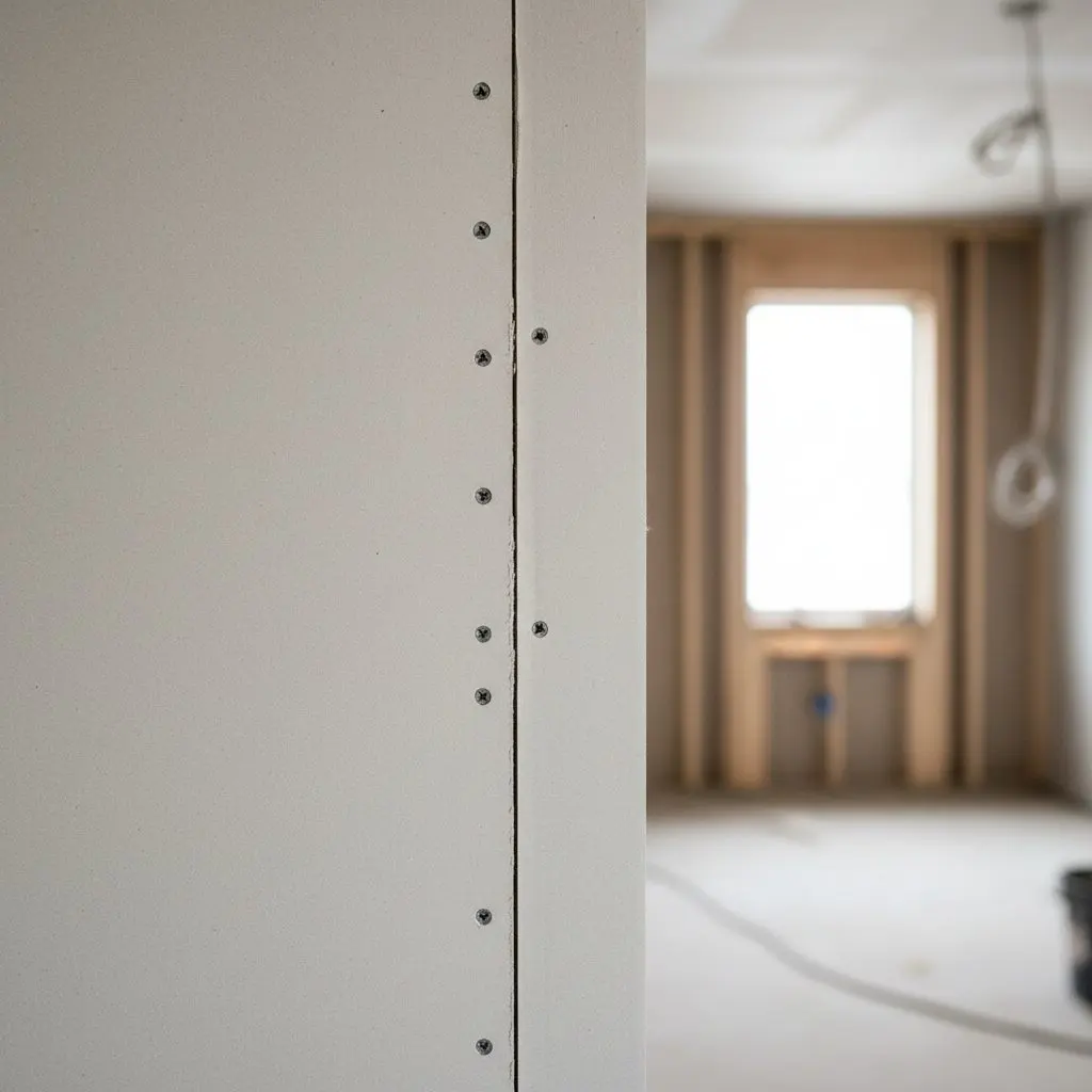 A close, square view of the edge of a newly hung drywall sheet meeting the next one on the studs