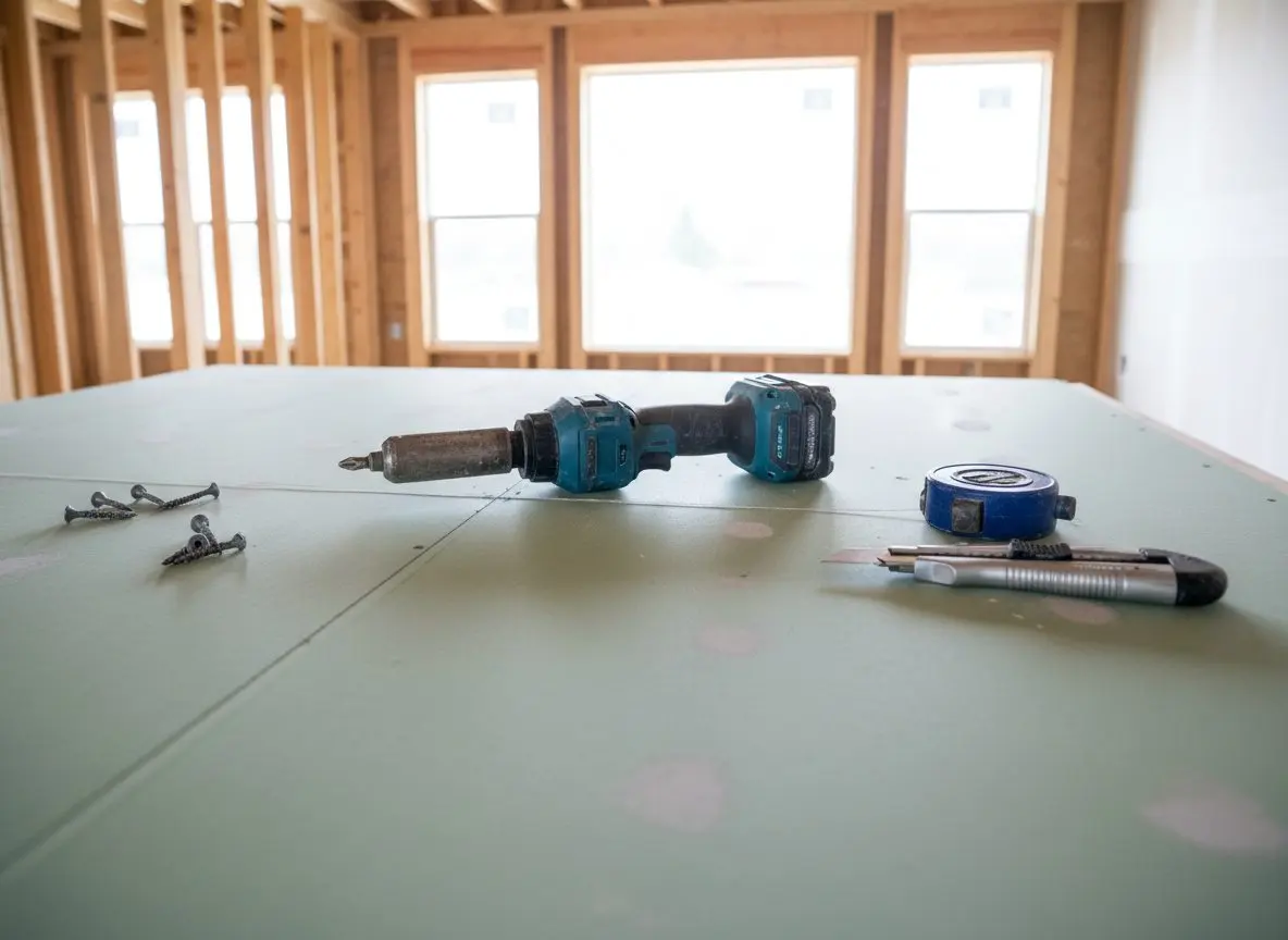 A cordless screwgun and a scattering of drywall screws resting on a fresh sheet of board, beside a chalk line and a utility knife