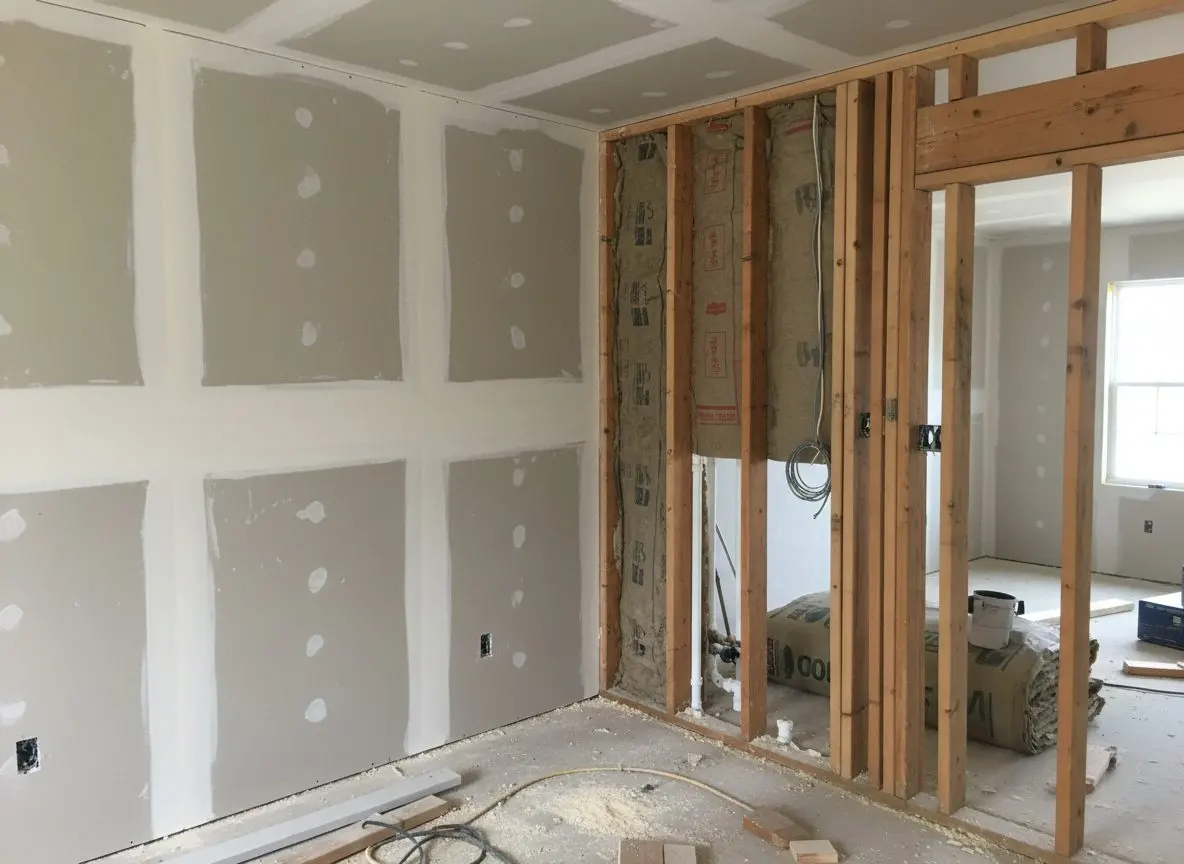 Two walls meeting in the same room, one hung and taped to a flat finish and the other still bare studs