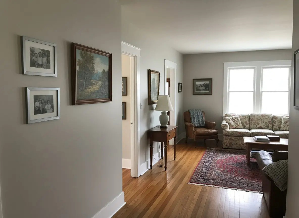 A bright, finished, furnished hallway and living room in a well-kept older home, walls flat and freshly painted, wooden floor, pictures on the wall