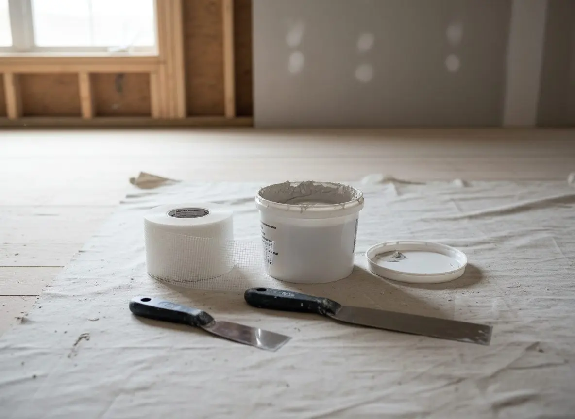 A roll of self-adhesive mesh patching tape, a small tub of ready-mixed filler with the lid off, and two putty knives of different widths laid out together
