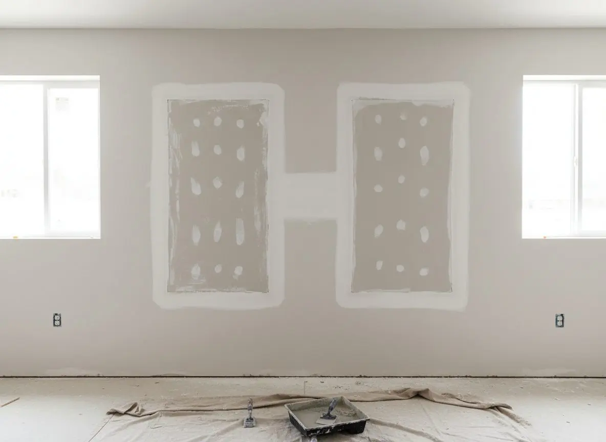 One wall carrying two patches side by side &mdash; one crudely filled and ridged, the other skimmed flat and feathered away &mdash; so the difference between a patch