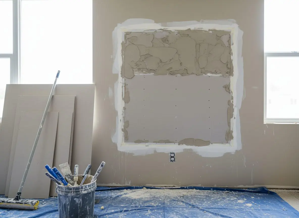A wall part-way through a repair: a square of new board let into the opening, its joints taped