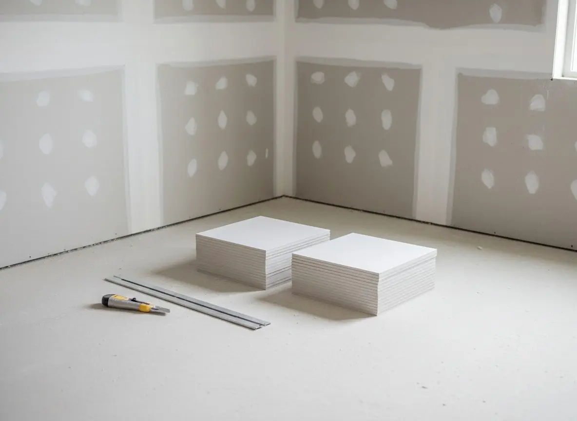 Scrap pieces of drywall cut into neat square patches, stacked on a clean floor beside a utility knife and a straight edge