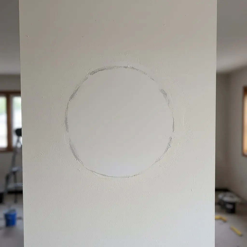 A close, square view of a repaired patch in a wall, the joint taped and skimmed flat