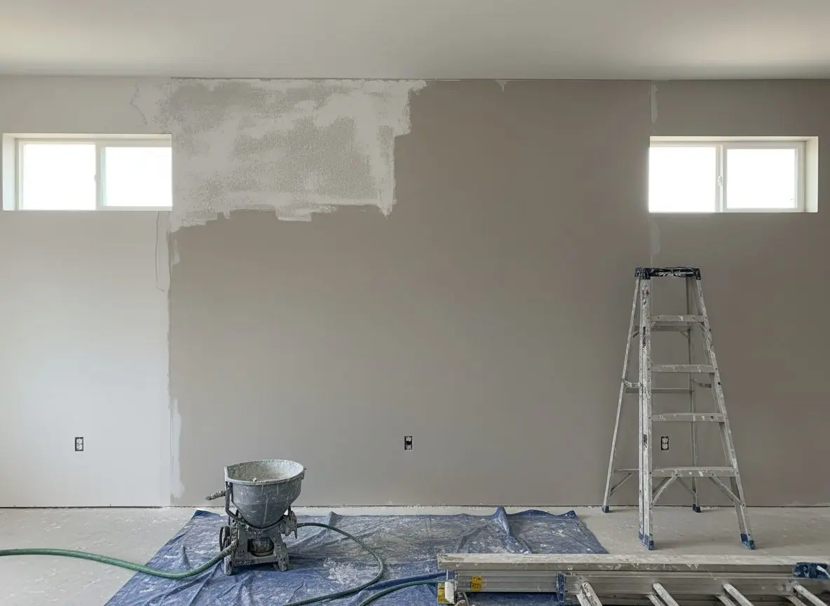 A wall being textured, the fresh sprayed stipple covering part of the surface and the flat compound underneath still showing where it has not yet been reached