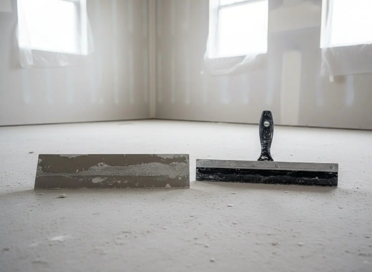 A wide stainless finishing trowel and a rubber knockdown blade lying together on a clean floor, both lightly dusted with dried compound