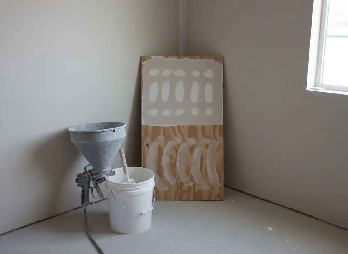 A texture hopper gun resting against a wall beside a bucket of thinned joint compound