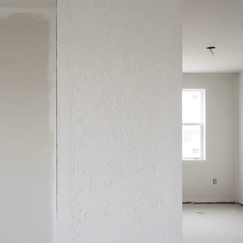 A close, square view of knockdown texture on a wall, the flattened stipple pattern standing out in shallow relief