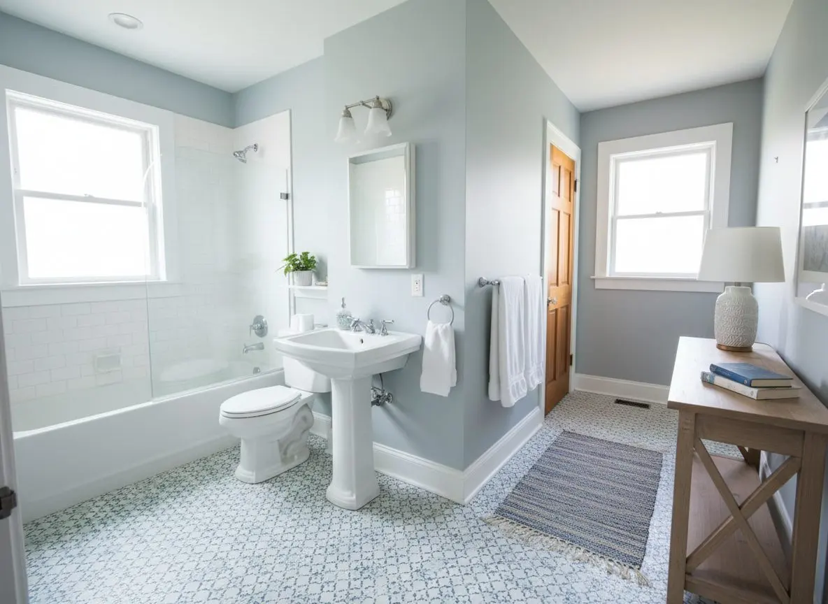 A bright, finished, furnished bathroom and landing in a well-kept home, walls flat and freshly painted with no trace of past damage, tiled floor
