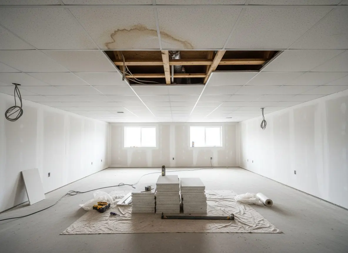 A ceiling opened up after a leak: a clean square cut back past the stain with the dry joists showing, and the removed board stacked below