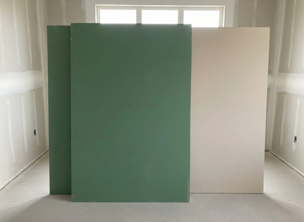 Sheets of green-faced moisture-resistant drywall board stacked on edge on a clean floor, their green faces clearly distinct from a plain ivory sheet beside them