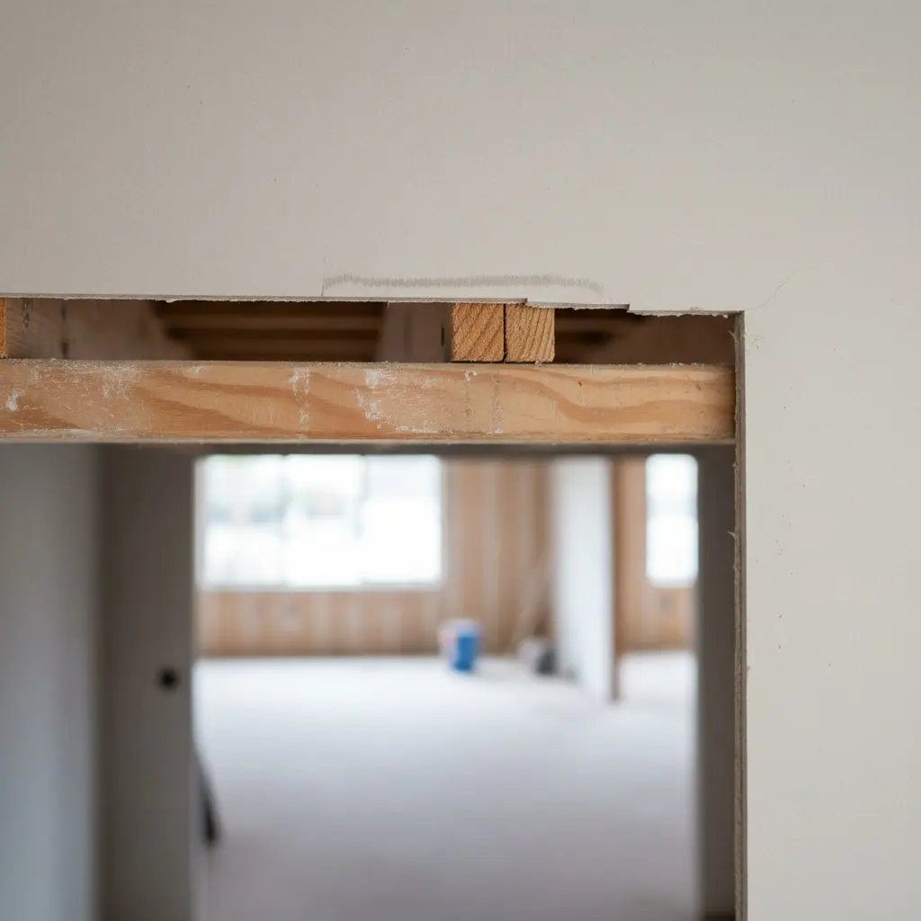 A close, square view of the straight cut edge of a ceiling opening, with a faint tide mark of old staining visible on the board at the edge of the cut