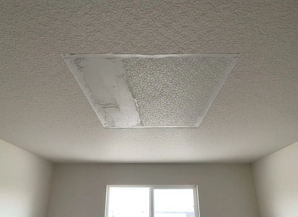 A ceiling where a replaced section meets the original surface, the new board taped and textured to match closely enough that the repair has to be searched for