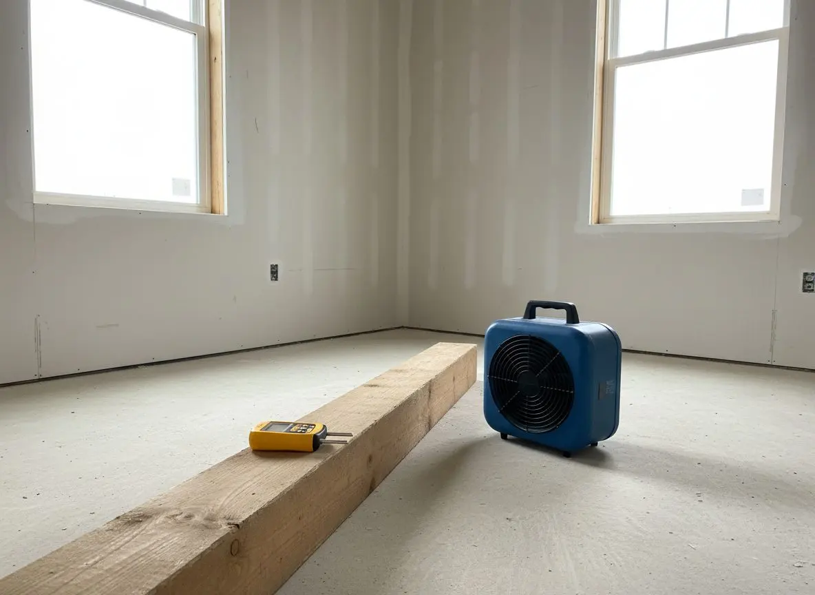 A moisture meter resting on a length of timber framing beside a small air mover fan, on a clean floor